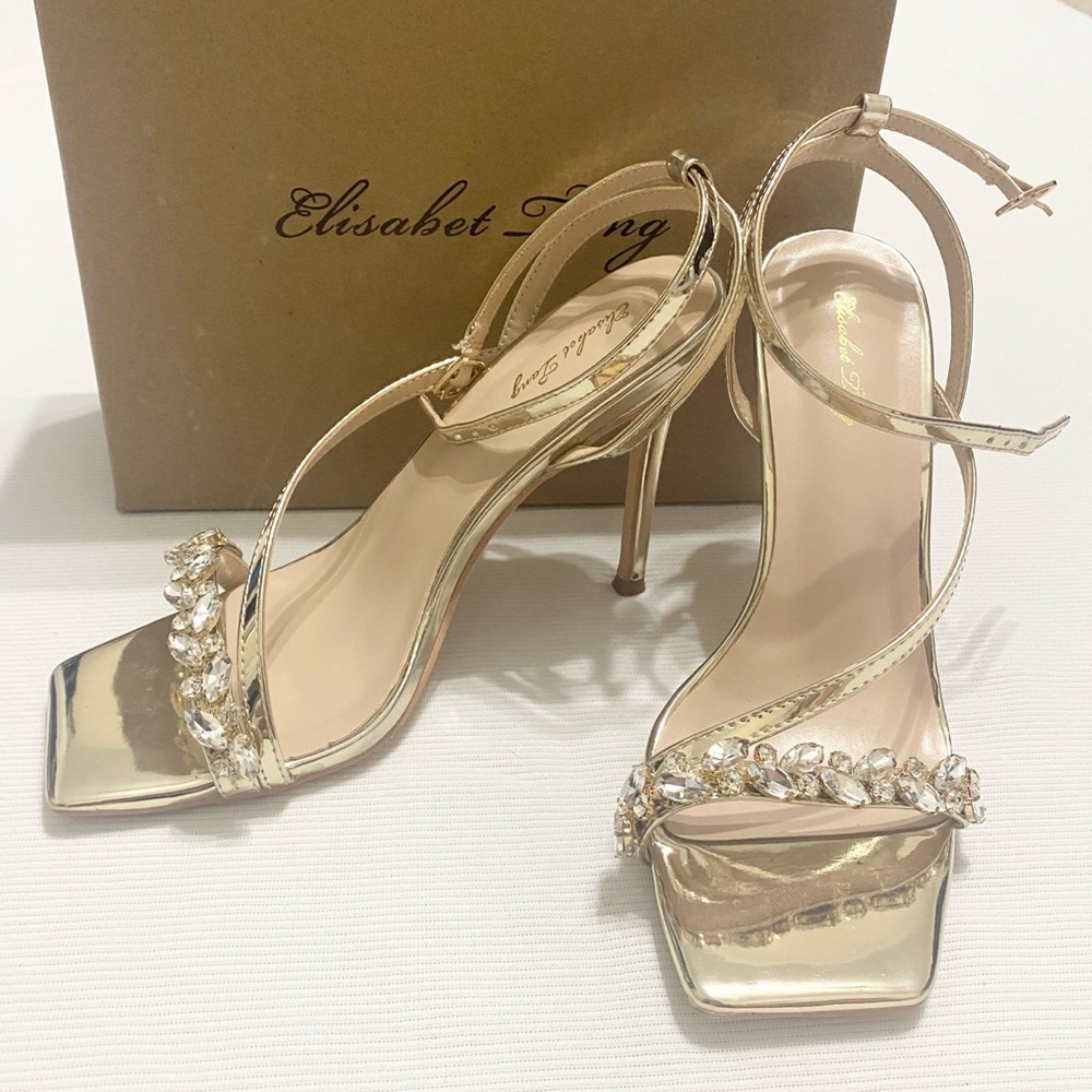 Elisabet Tang Crystal Stilettos Heeled Square Toe Sandals Gold Rhinestone